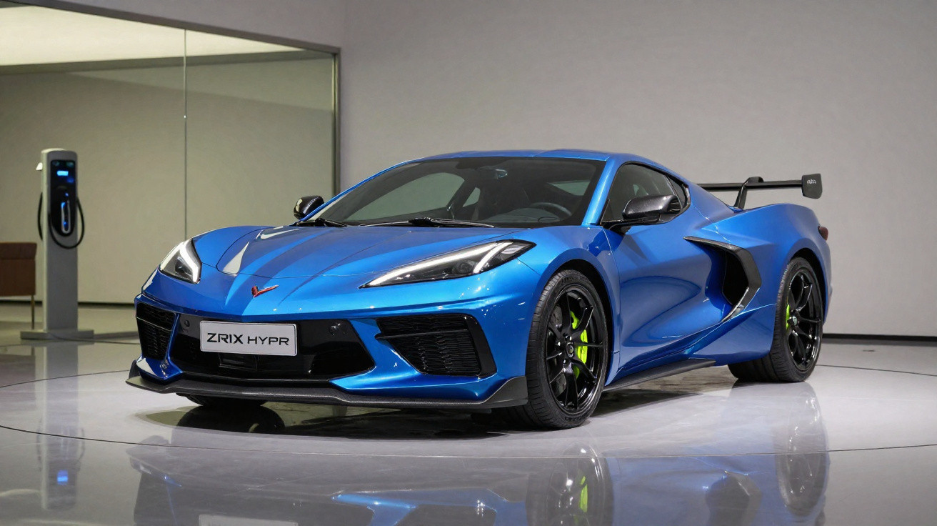 Blauer ZR1X HYPR Sportwagen in moderner Ausstellungshalle mit Ladestation im Hintergrund.