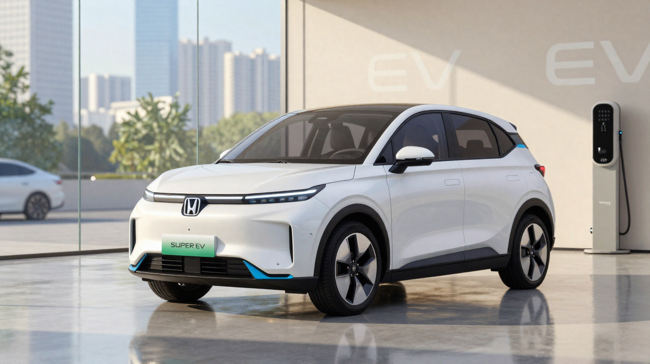 Weißes Elektroauto von Honda vor Ladestation in moderner, heller Garage mit Stadtblick.