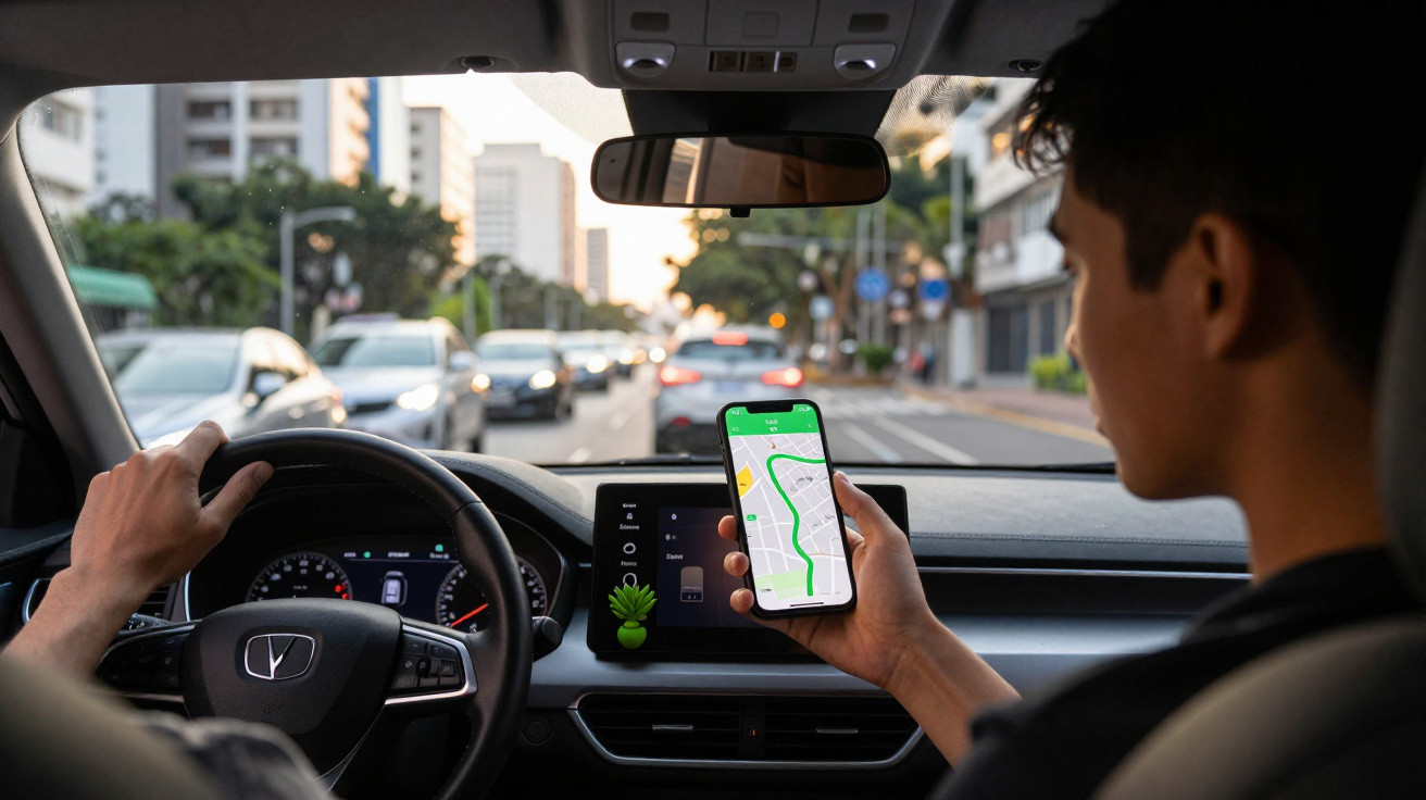 Mann hält Smartphone mit Navigations-App, während er im Auto im Stadtverkehr fährt.