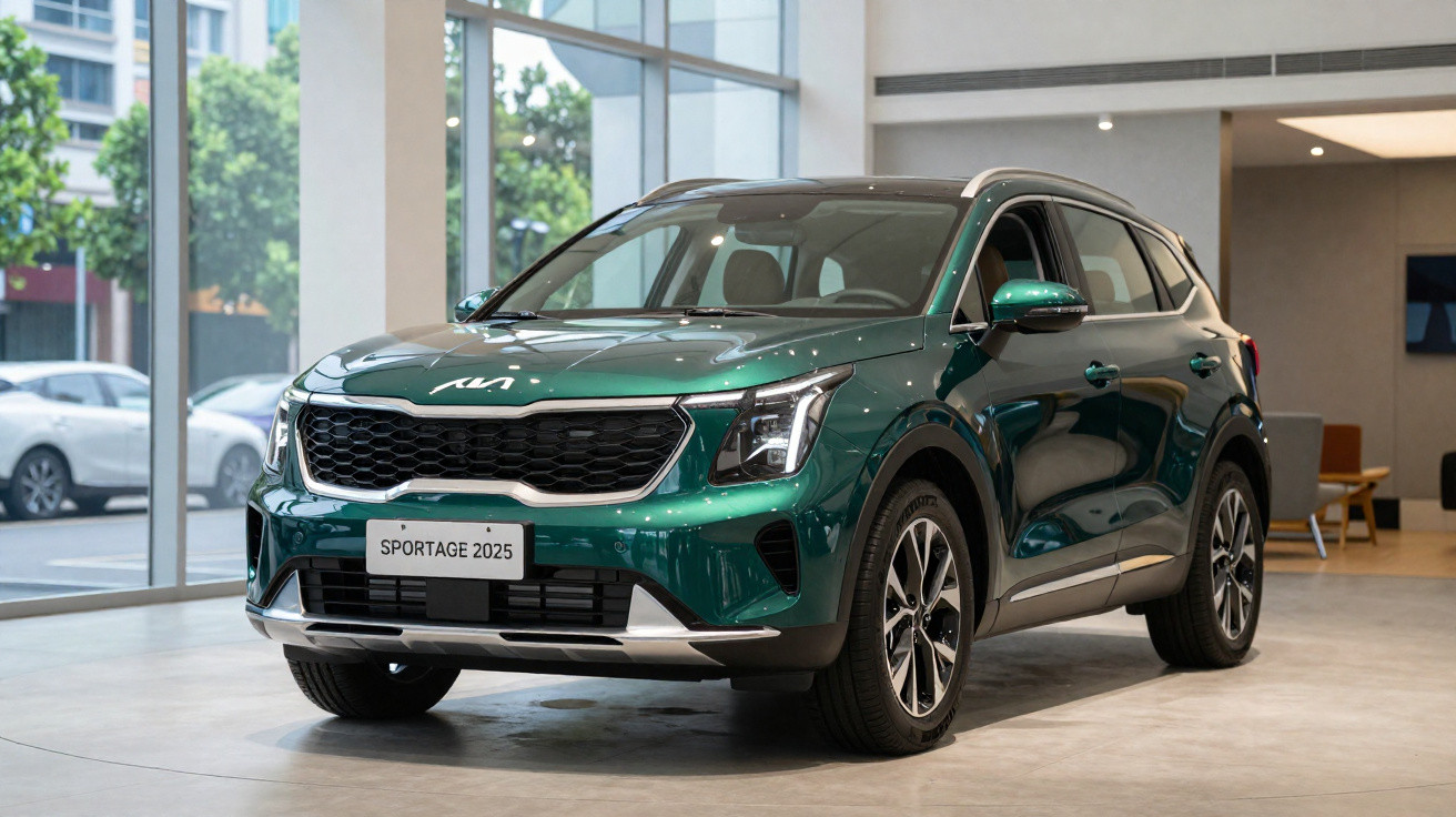 Grüner Kia Sportage 2025 SUV im Showroom mit großen Fenstern und modernem Innenraum.