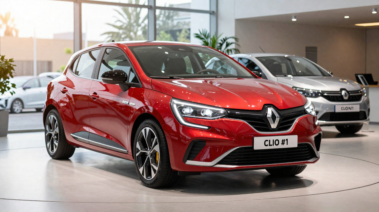 Roter Renault Clio Sportwagen im Ausstellungsraum mit hellem Hintergrund und einem silbernen Auto im Hintergrund.