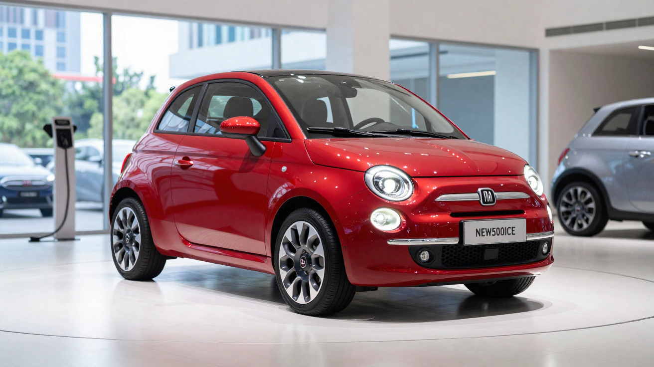 Roter kompakter Elektro-Kleinwagen Fiat 500 im Autohaus mit Ladestation im Hintergrund.
