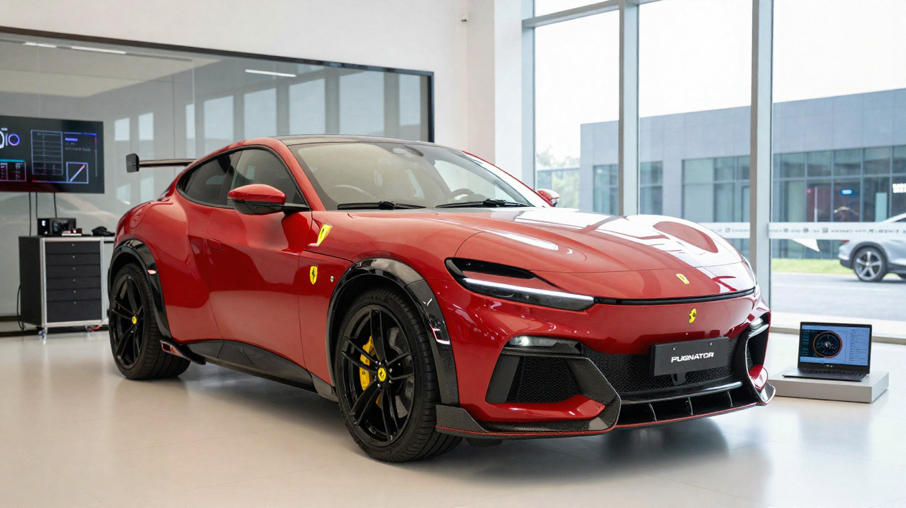 Roter Ferrari Fignator Sportwagen in modernem Showroom mit großen Fenstern und Laptop auf Marmorboden.