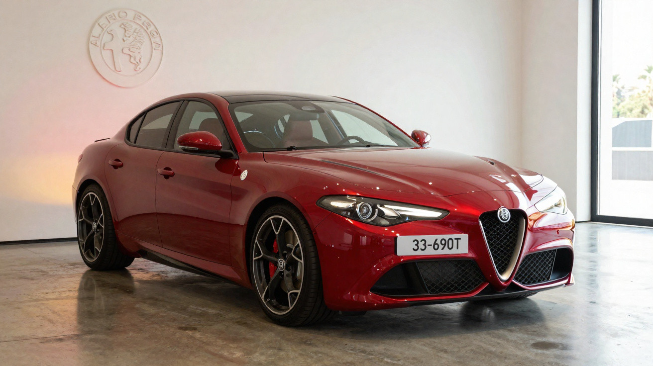 Roter Alfa Romeo Giulia Sportwagen in Innenraum mit reflektierendem Boden und großer Fensterfront.