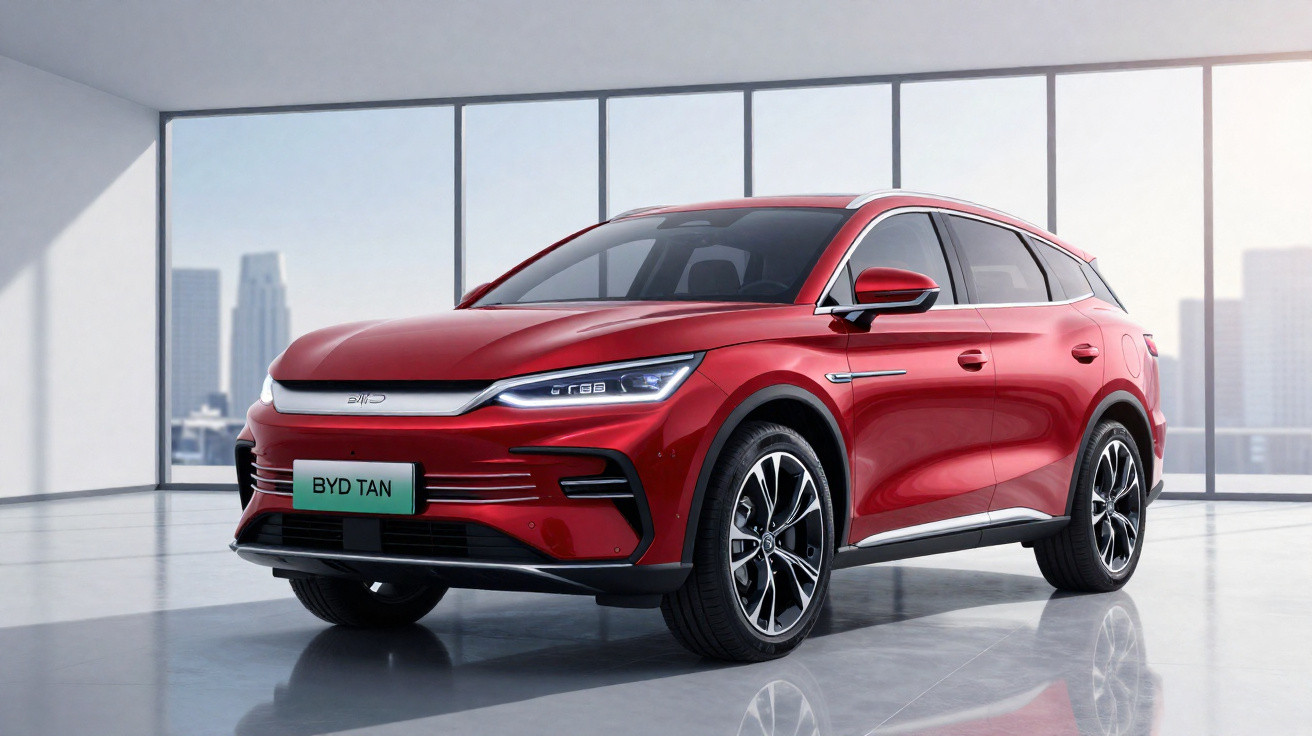 Roter BYD TAN Elektro-SUV steht in hellem, modernem Showroom mit großen Panoramafenstern and Stadtblick.