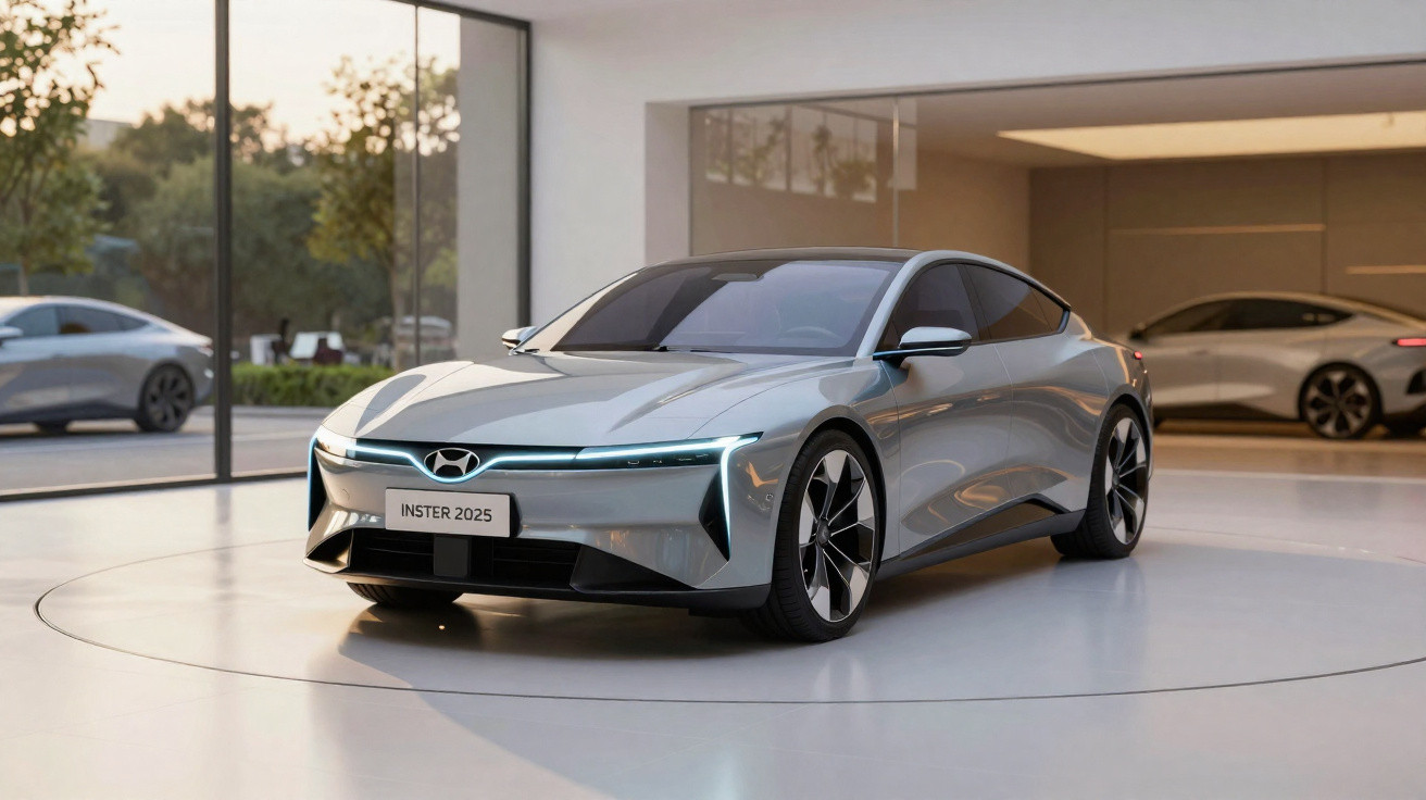 Silberner Hyundai INSTER 2025 Elektrowagen im modernen Ausstellungsraum, mit großen Fenstern und Tageslicht.