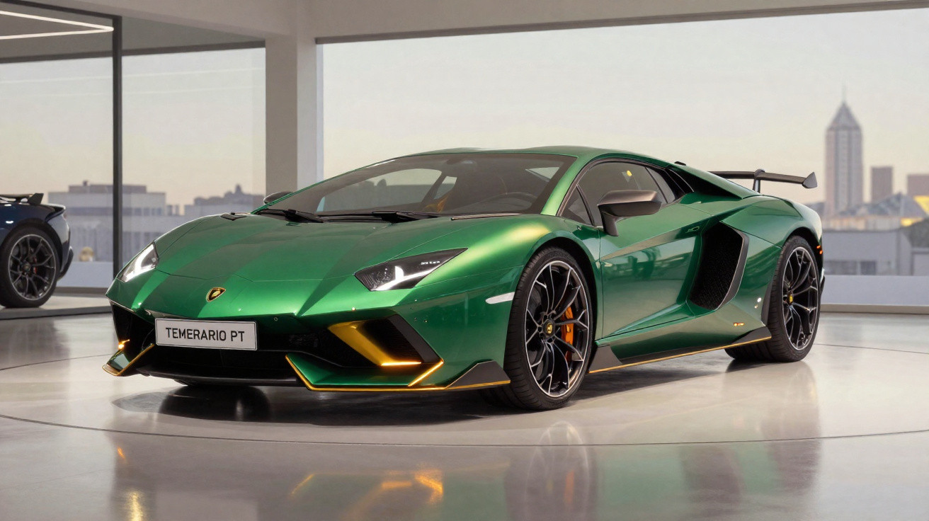 Grüner Lamborghini Supersportwagen Temenario PT in moderner Ausstellungshalle mit Stadtblick im Hintergrund.