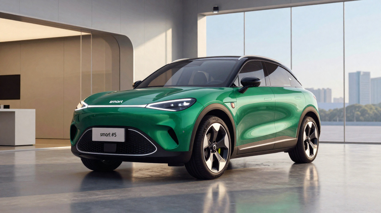 Grünes Smart #5 Elektroauto in modernem Showroom mit großen Fenstern und Stadtblick.