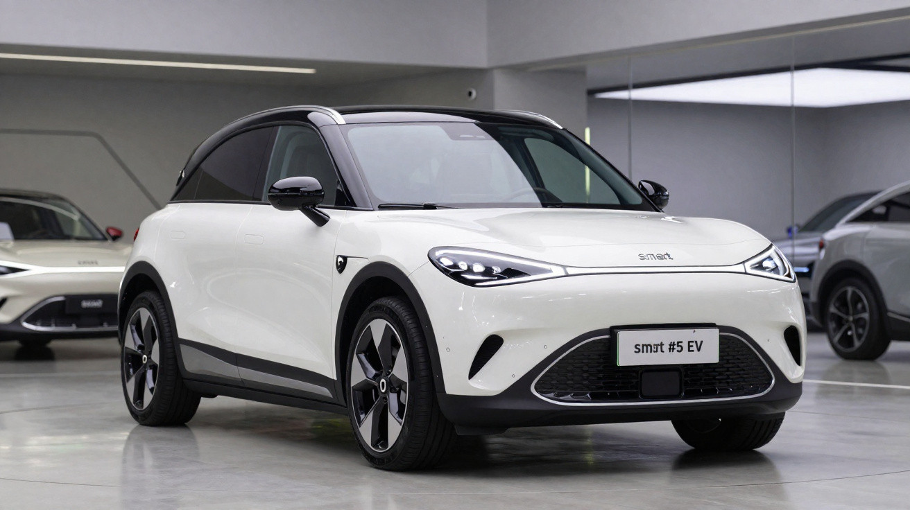Weißer Smart #5 EV Elektro-SUV in moderner Ausstellungshalle geparkt.
