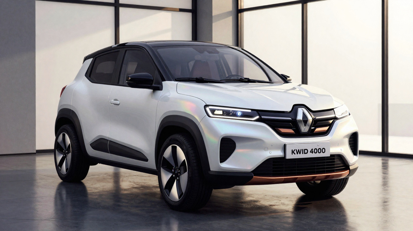 Weißes Renault KWID 4000 Elektroauto in moderner Halle, Front- und Seitenansicht, LED-Scheinwerfer.