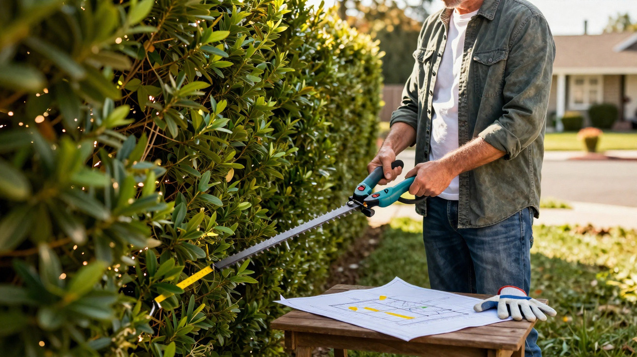 Mann schneidet mit elektrischer Heckenschere eine Hecke, neben ihm ein Tisch mit Bauplänen und Handschuhen.