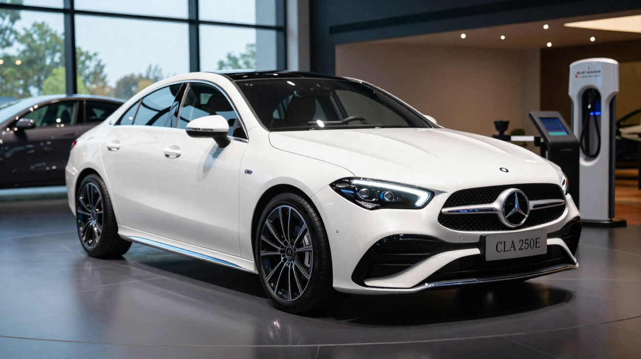 Weißer Mercedes-Benz CLA 250E mit Panoramadach, geparkt in einem modernen Showroom neben Ladestation.