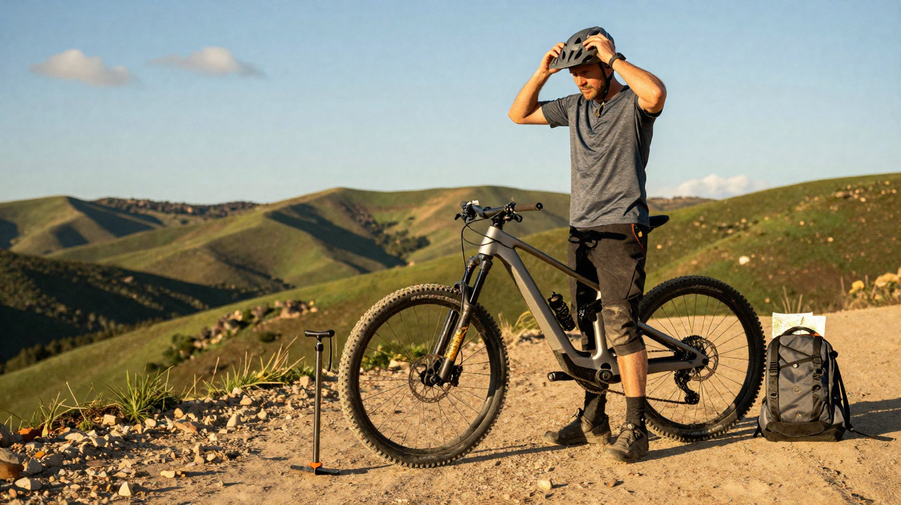 Mann setzt Fahrradhelm auf neben Mountainbike und Rucksack auf einem Bergweg mit grünen Hügeln im Hintergrund.
