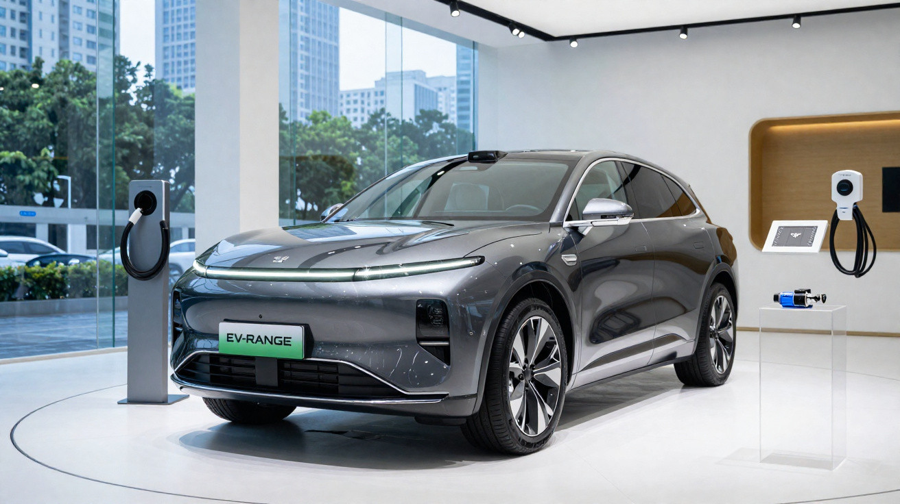 Graues Elektroauto in modernem Showroom neben Ladestation, große Fenster mit Stadtblick im Hintergrund.