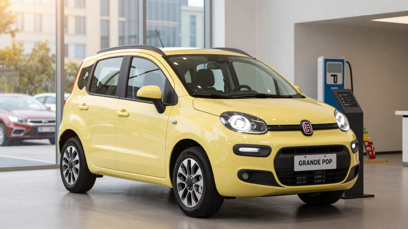 Gelber Kleinwagen Fiat Grande Pop steht in einem hellen Autohaus mit großen Fenstern.