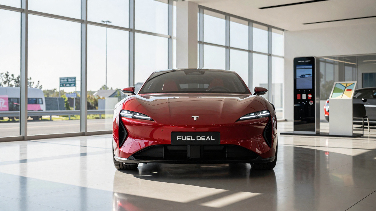 Roter Elektro-Sportwagen in modernem Showroom mit großen Glasfenstern und Sonneneinstrahlung.