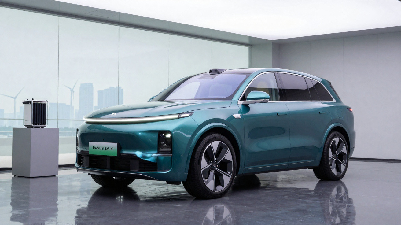 Grüner elektrischer SUV des Modells Range EV-X in einem modernen, hellen Ausstellungsraum mit Glaswand.