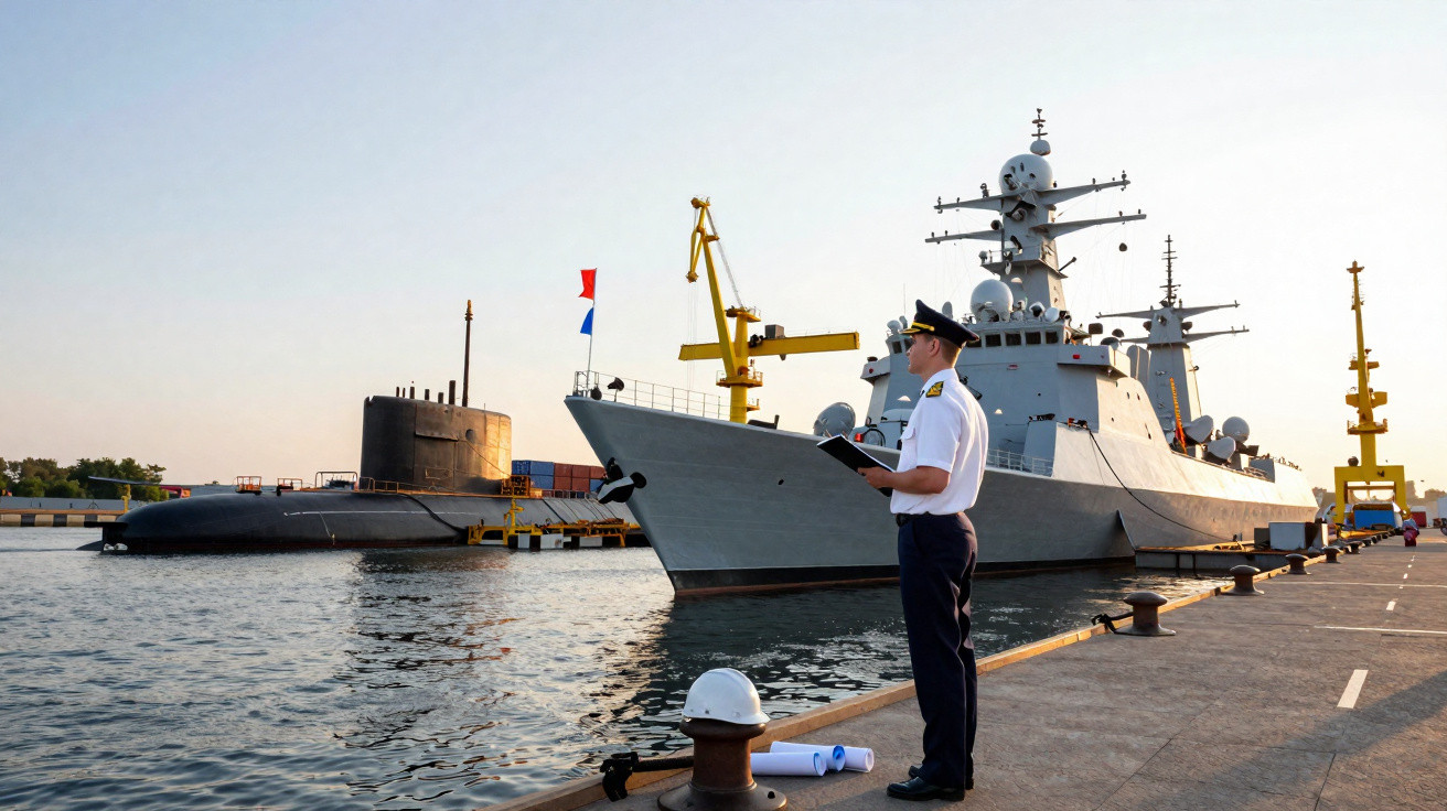 Marineoffizier mit Tablet am Hafen neben Kriegsschiff und U-Boot bei Sonnenuntergang.