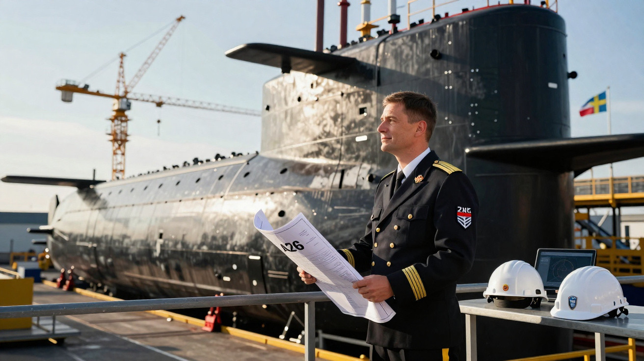 Marineoffizier in Uniform mit Bauplan vor einem U-Boot im Hafen, Helme und Kräne im Hintergrund.