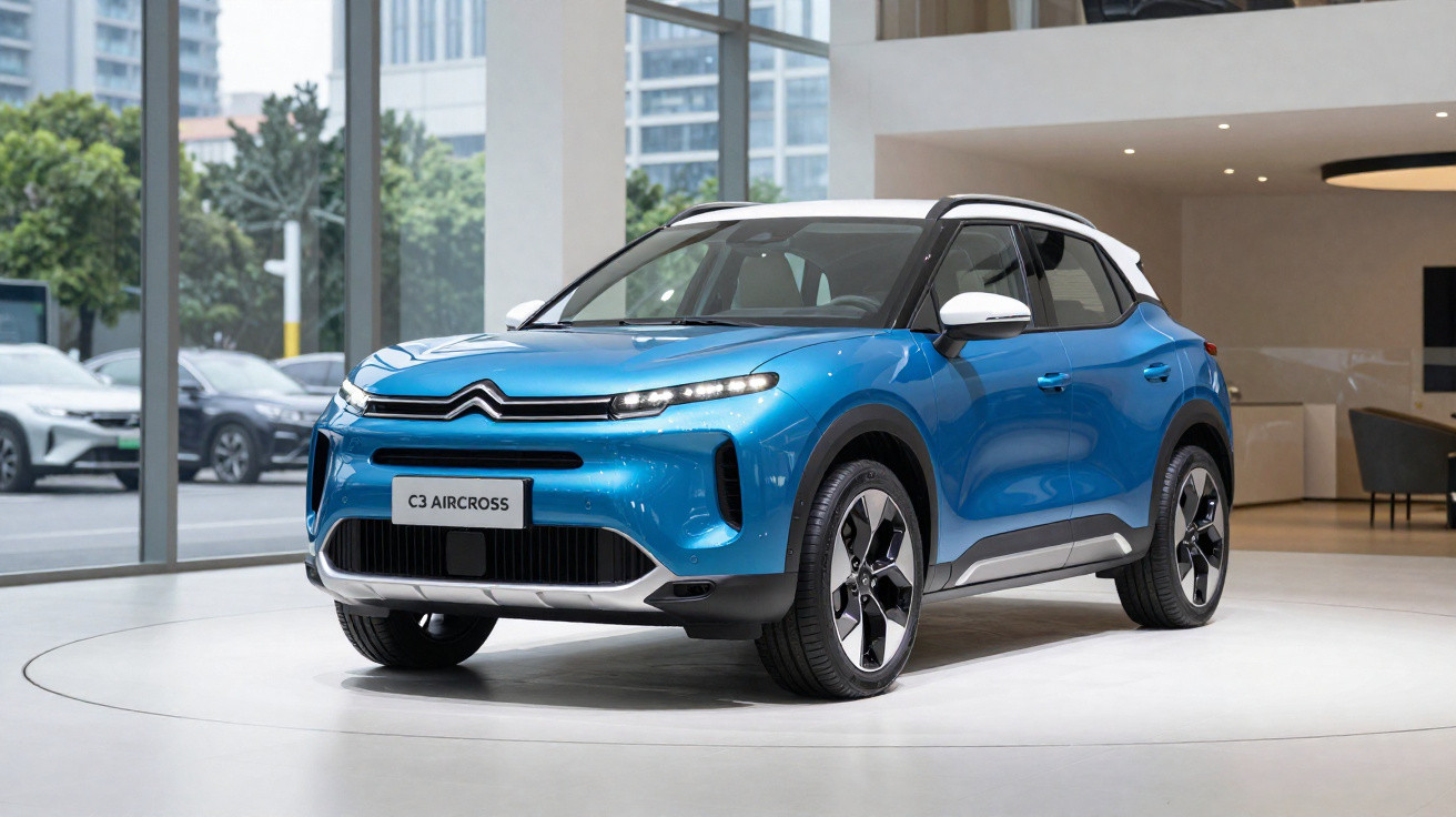 Blauer Citroën C3 Aircross SUV mit weißem Dach steht in modernem Autohaus vor großen Fenstern.