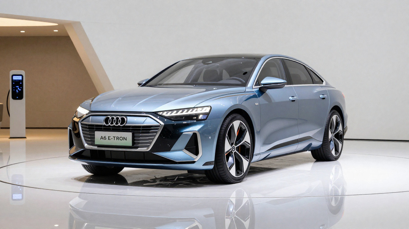 Blauer Audi A6 E-Tron Elektroauto in moderner Ausstellungshalle auf weiß reflektierendem Boden.
