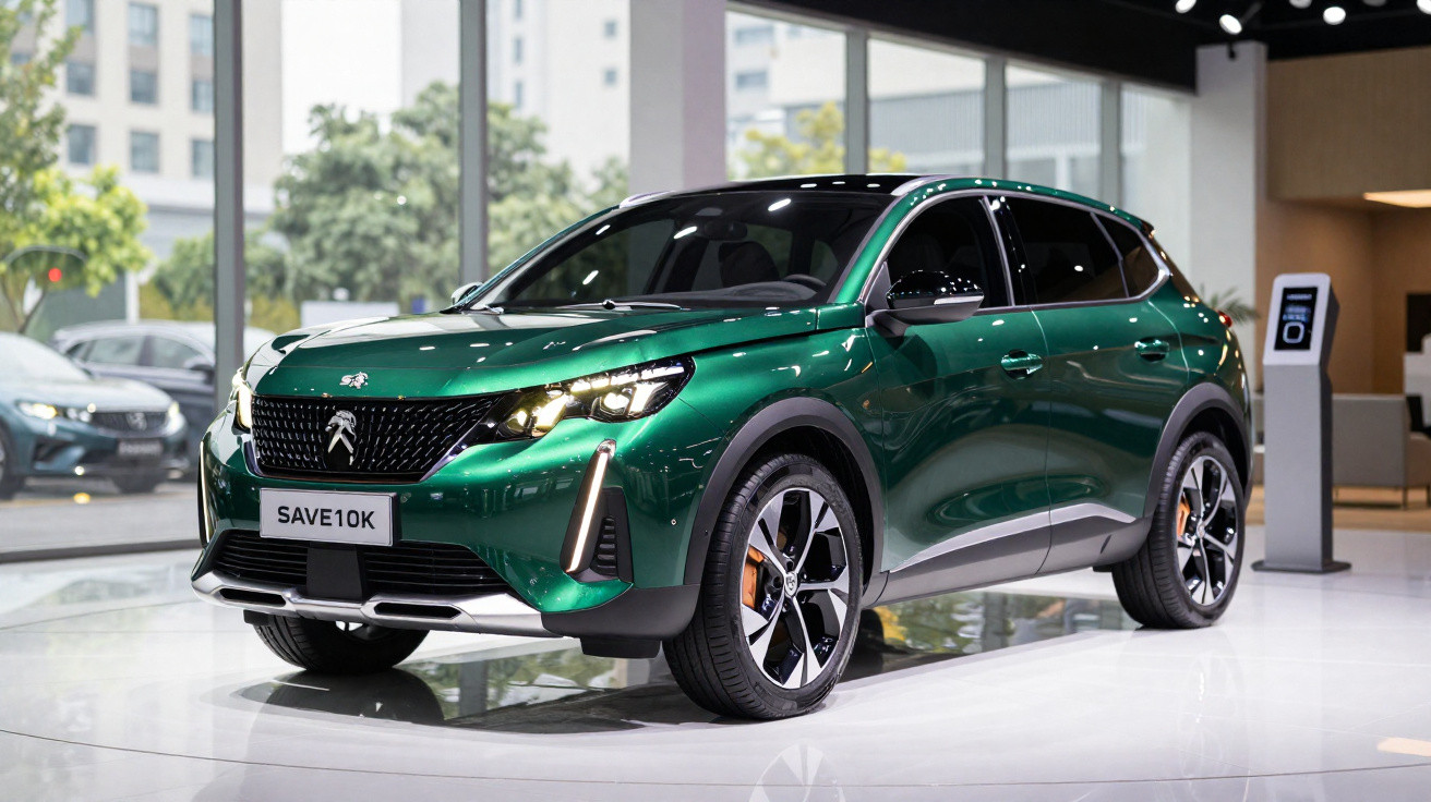 Grüner Peugeot SUV im Autohaus mit modernen LED-Scheinwerfern und glänzender Lackierung.