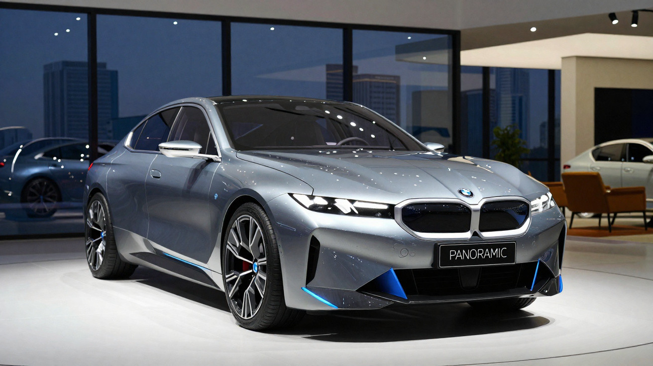 Silberner BMW Elektro-Sportwagen mit Panoramadach in Ausstellungsraum vor großen Fenstern bei Nacht.
