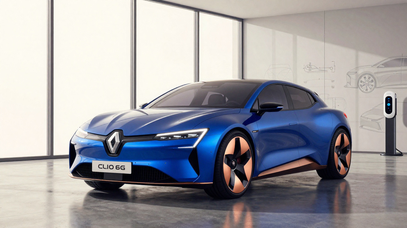 Blaues Renault Clio 6G Elektroauto in modernem Raum mit Ladestation und Fahrzeugskizzen an der Wand