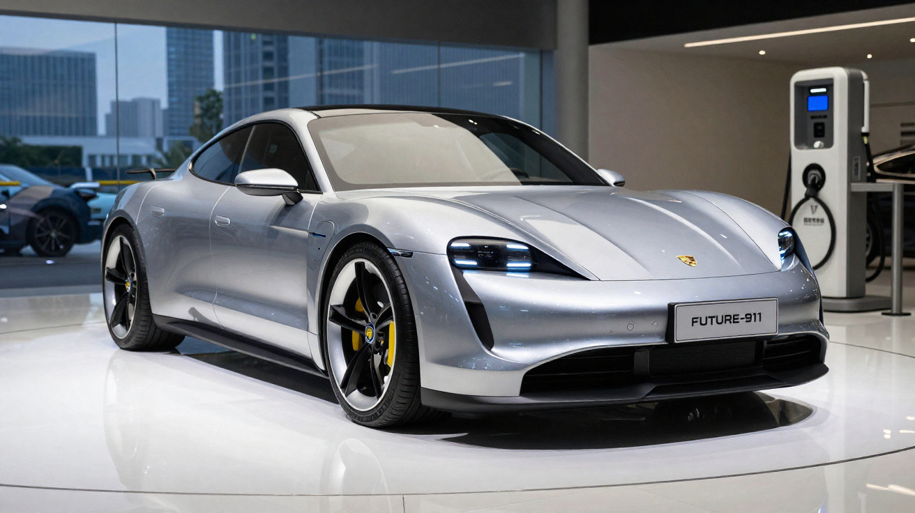 Silberner Porsche Taycan Future-911 Elektro-Sportwagen in modernem Showroom mit Ladestation im Hintergrund.