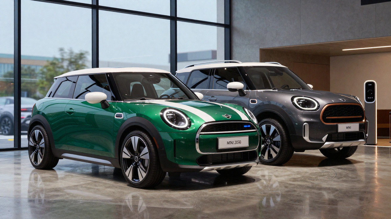 Zwei moderne Mini Cooper Elektroautos in einem hellen Showroom mit großen Fenstern.