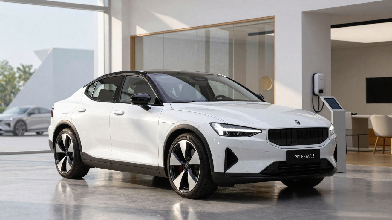 Weißes Elektroauto Polestar 2 in modernem, hellem Ausstellungsraum mit Ladestation an der Wand.