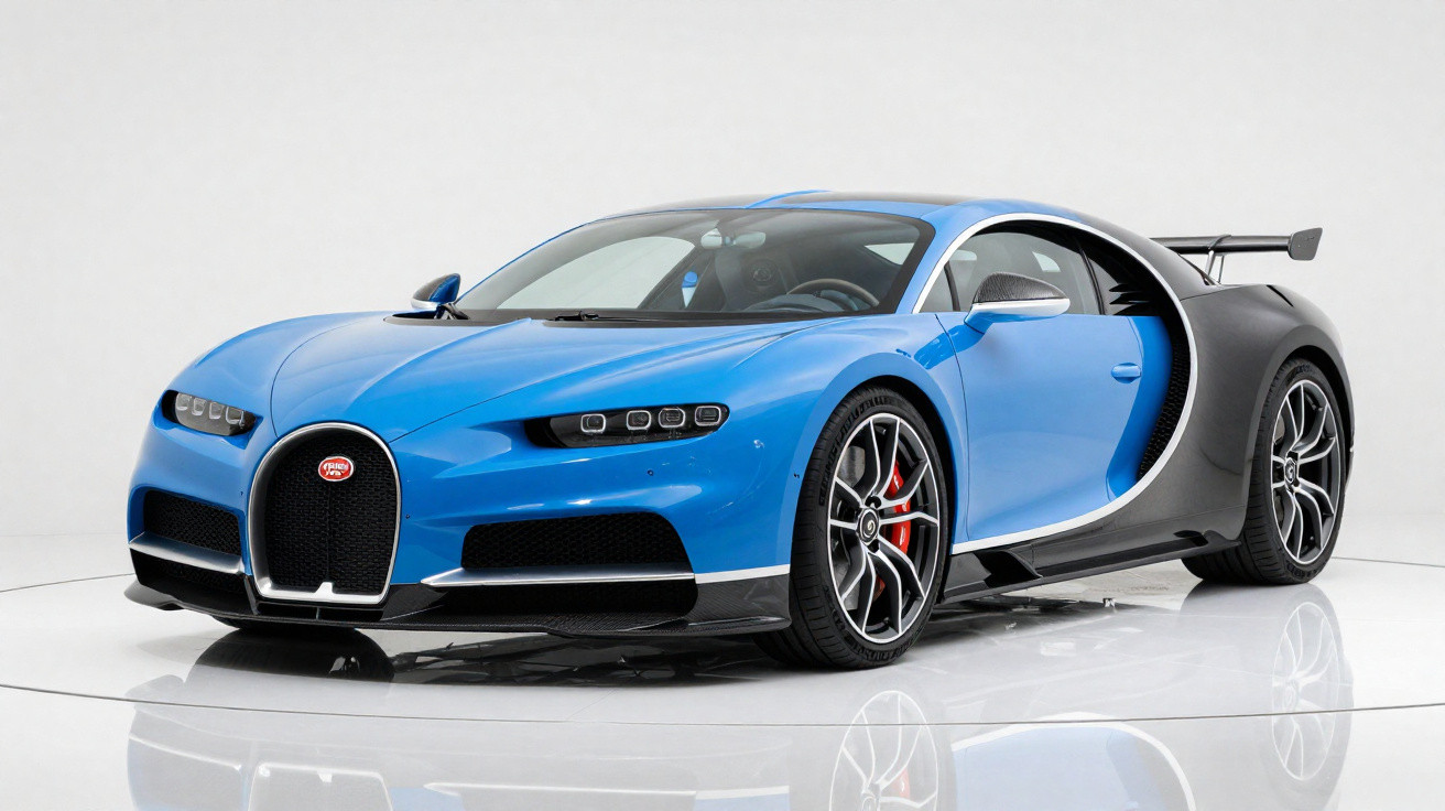 Blauer und schwarzer Bugatti Chiron Supersport mit sportlichem Design auf weißem Hintergrund.