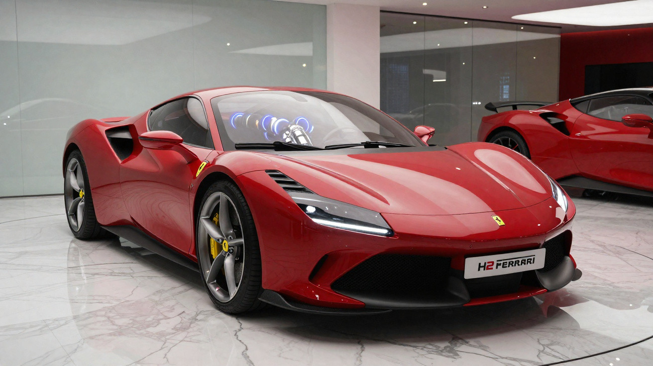 Roter Ferrari Sportwagen im Showroom auf glänzendem Marmorfußboden, modern und luxuriös präsentiert.