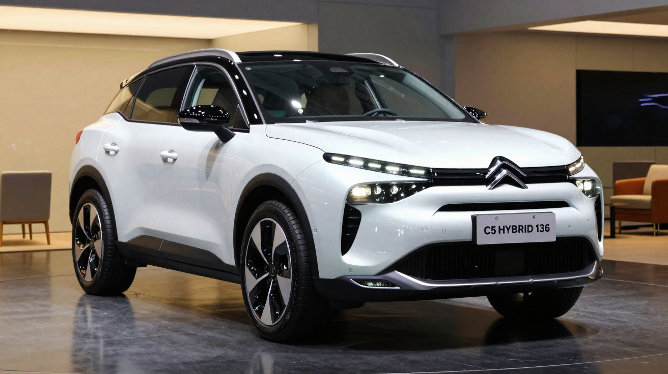 Weißer Citroën C5 Hybrid 136 SUV stehend in einer modernen Ausstellungshalle.