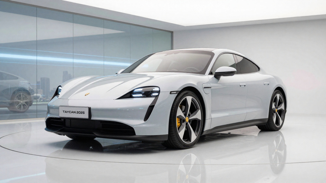 Weiße Porsche Taycan 2025 Limousine in einem modernen, hellen Ausstellungsraum.