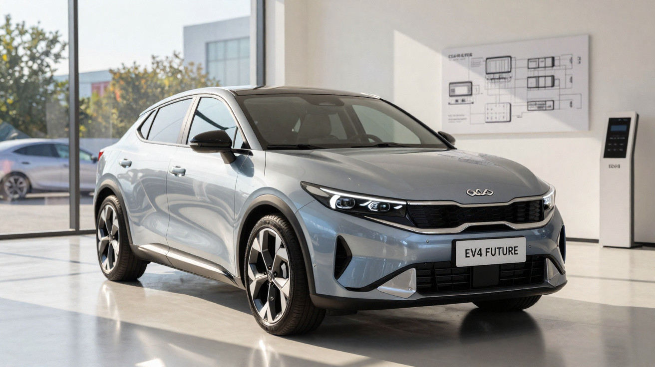 Silbernes Elektroauto Kia EV4 FUTURE in hellem Ausstellungsraum mit großen Fenstern und Poster an der Wand.