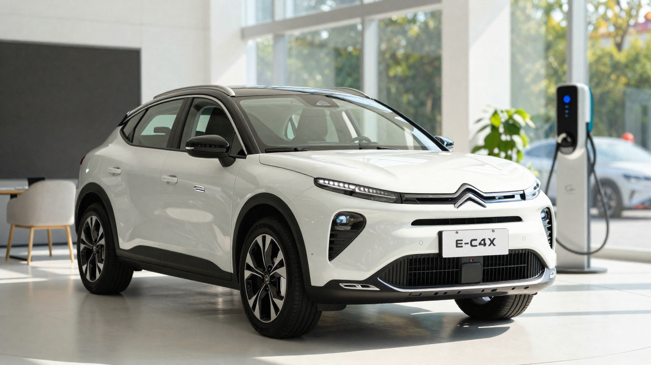 Weißer Citroën E-C4X Elektro-SUV in modernem Showroom neben Ladestation.