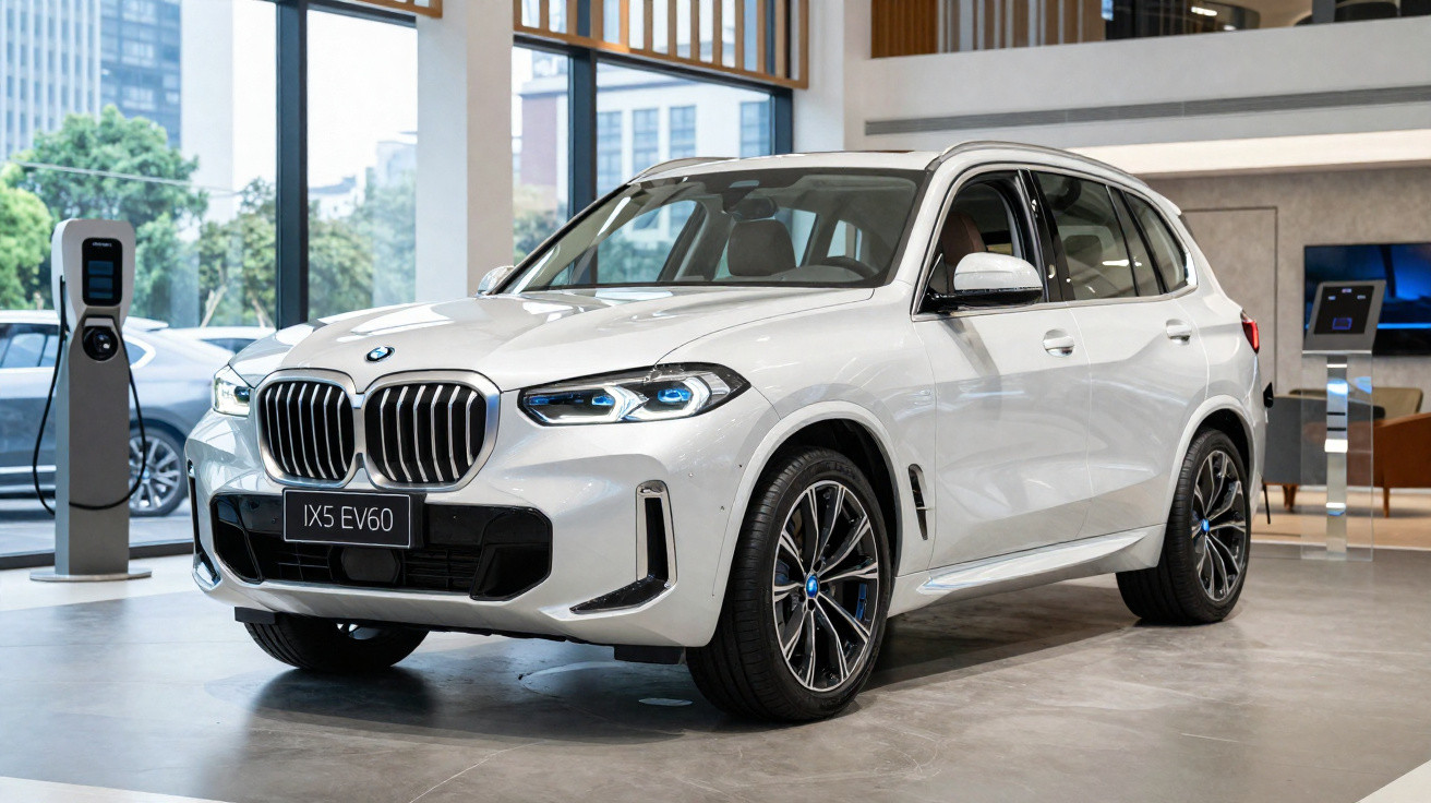 Weißer BMW iX5 EV60 Elektro-SUV in einem modernen Showroom neben Ladestation.