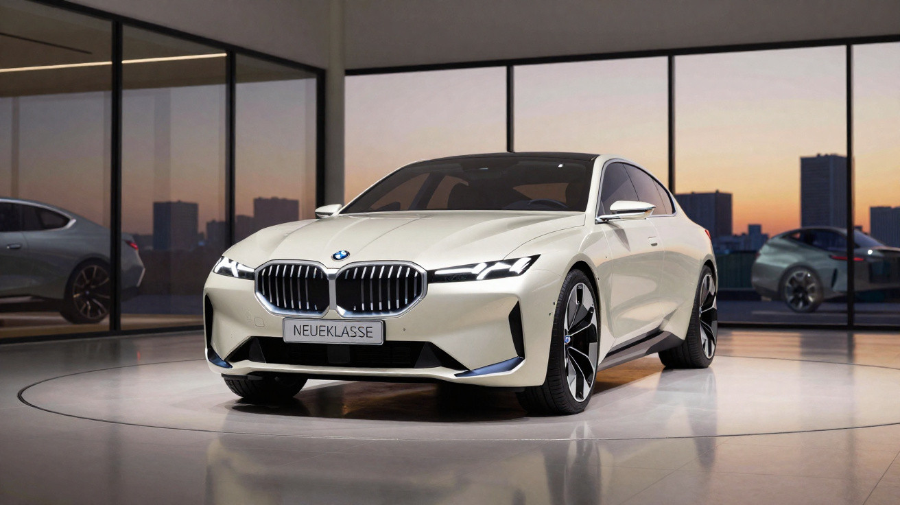 Weißen BMW Neue Klasse Limousine in modernem Showroom mit Panorama-Fenstern bei Sonnenuntergang.
