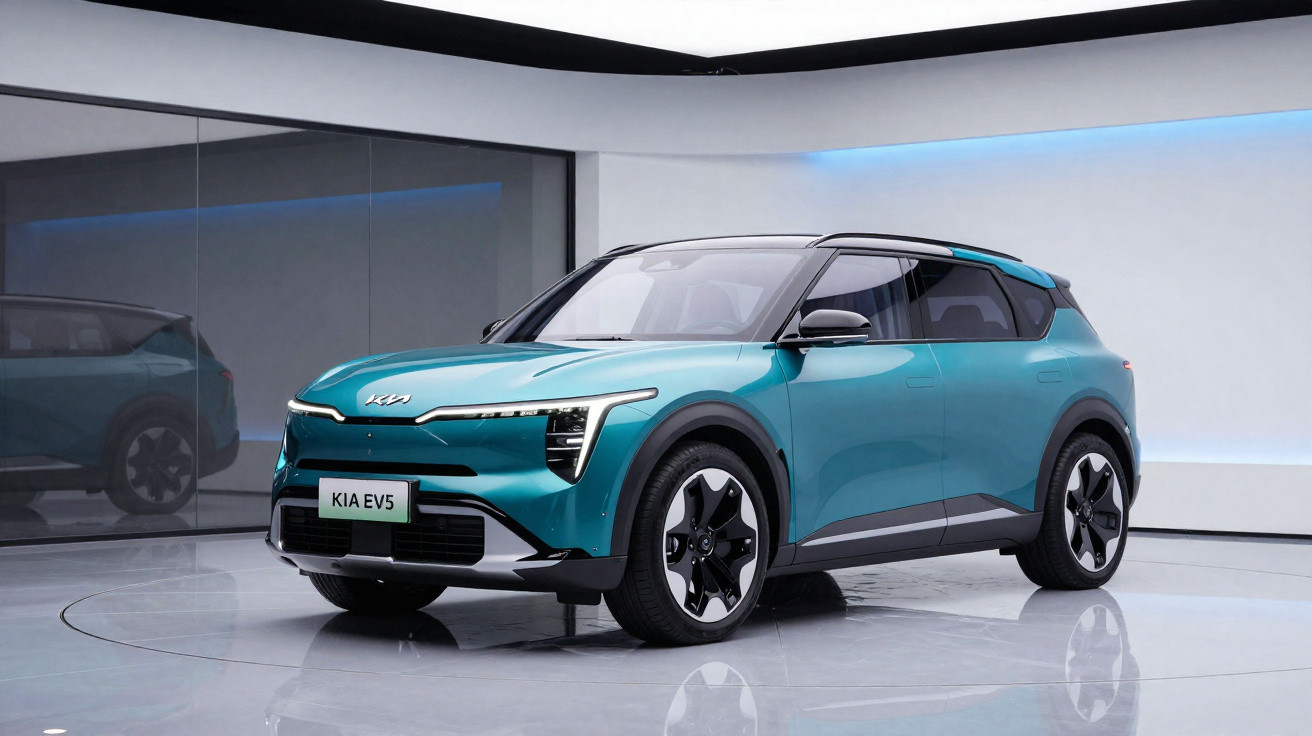Blauer Kia EV5 Elektro-SUV in modernem Ausstellungsraum vor Glaswand mit Spiegelung.