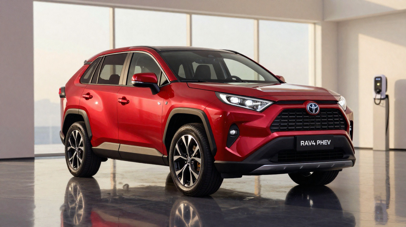 Roter Toyota RAV4 PHEV SUV steht in einem hellen Raum neben einer Ladestation für Elektrofahrzeuge.