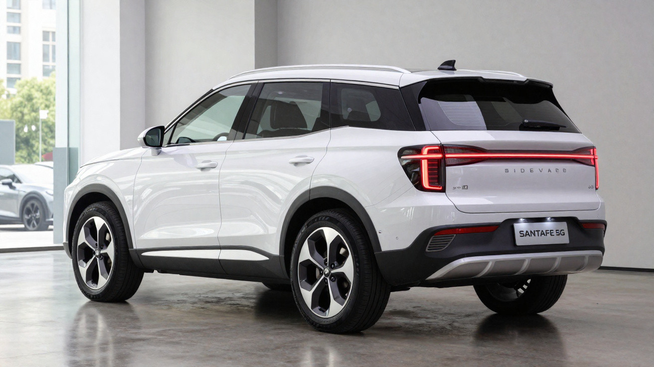 Weißes Elektro-SUV Sidecar Santafe 5G von der Seite in modernem Innenraum, Rücklichter leuchten.