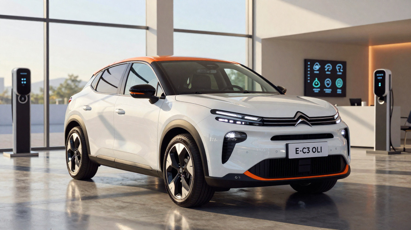 Weißes Citroën E-C3 OLI Elektroauto mit orangefarbenem Dach in moderner Halle mit Ladestationen.