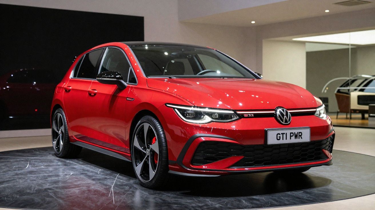 Roter Volkswagen Golf GTI PWR auf einer Ausstellungsplattform in modern eingerichteter Halle.