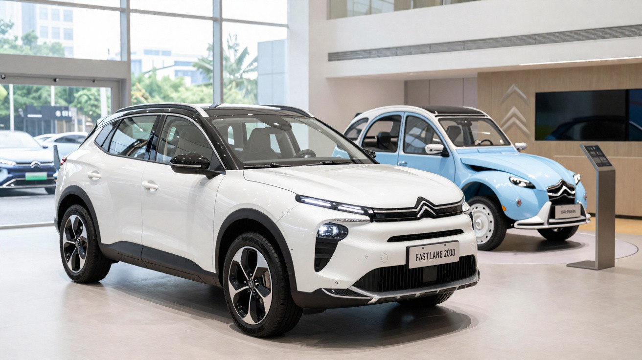 Zwei Citroën-Autos, modernes weißes SUV und klassisches hellblaues Modell, in einem hellen Ausstellungsraum.