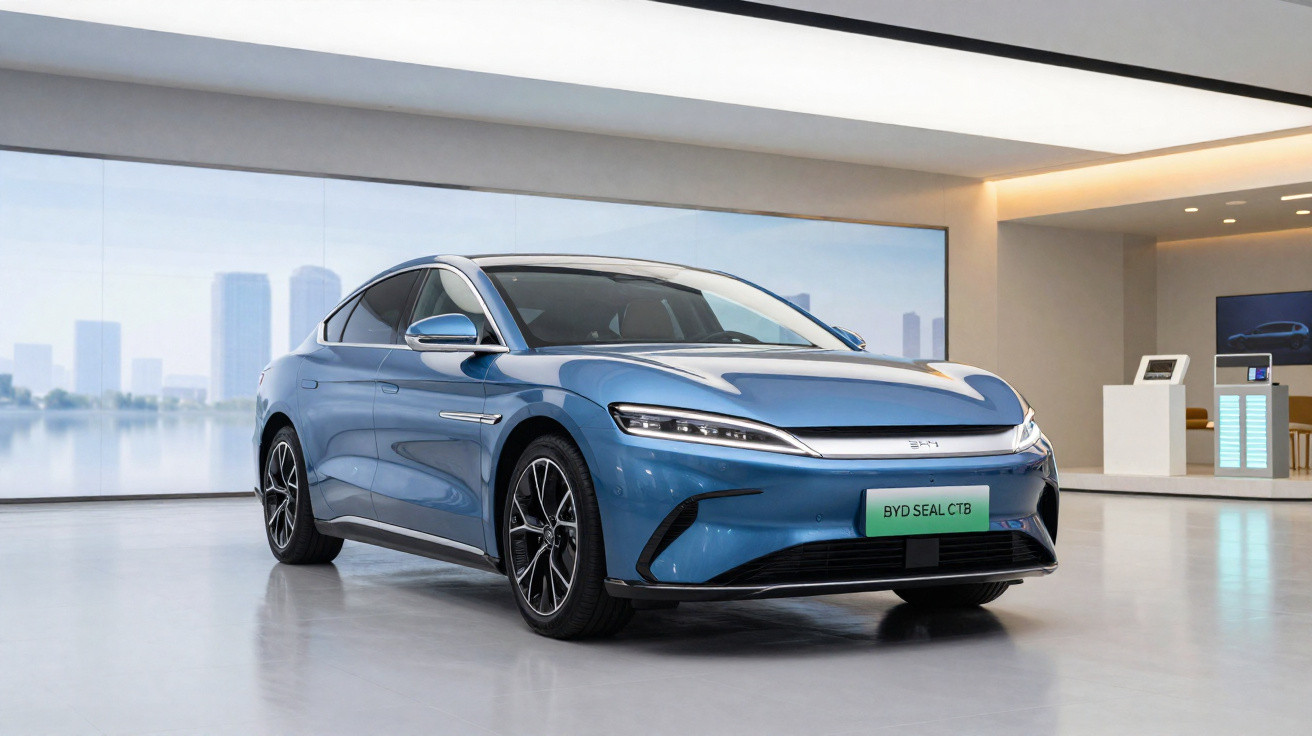 Blauer BYD Seal Elektro-Limousine steht in modernem, hellem Showroom mit Stadtbild im Hintergrund.