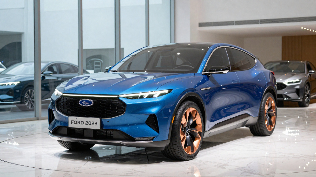 Blaues Ford SUV 2023 Modell mit kupferfarbenen Felgen in modernem Autohaus auf weißem Marmorboden.