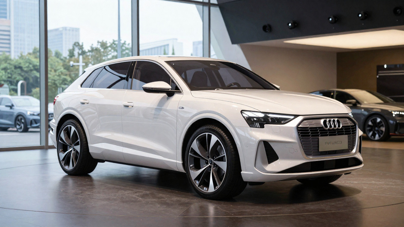 Weißer Audi E-Tron Sportback Elektro-SUV im modernen Ausstellungsraum, Frontansicht leicht seitlich.
