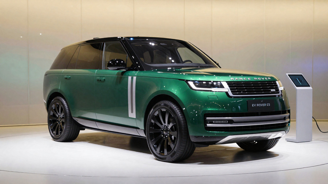 Grüner Range Rover SUV mit schwarzem Dach auf Messepodium, daneben Ladestation mit Display.