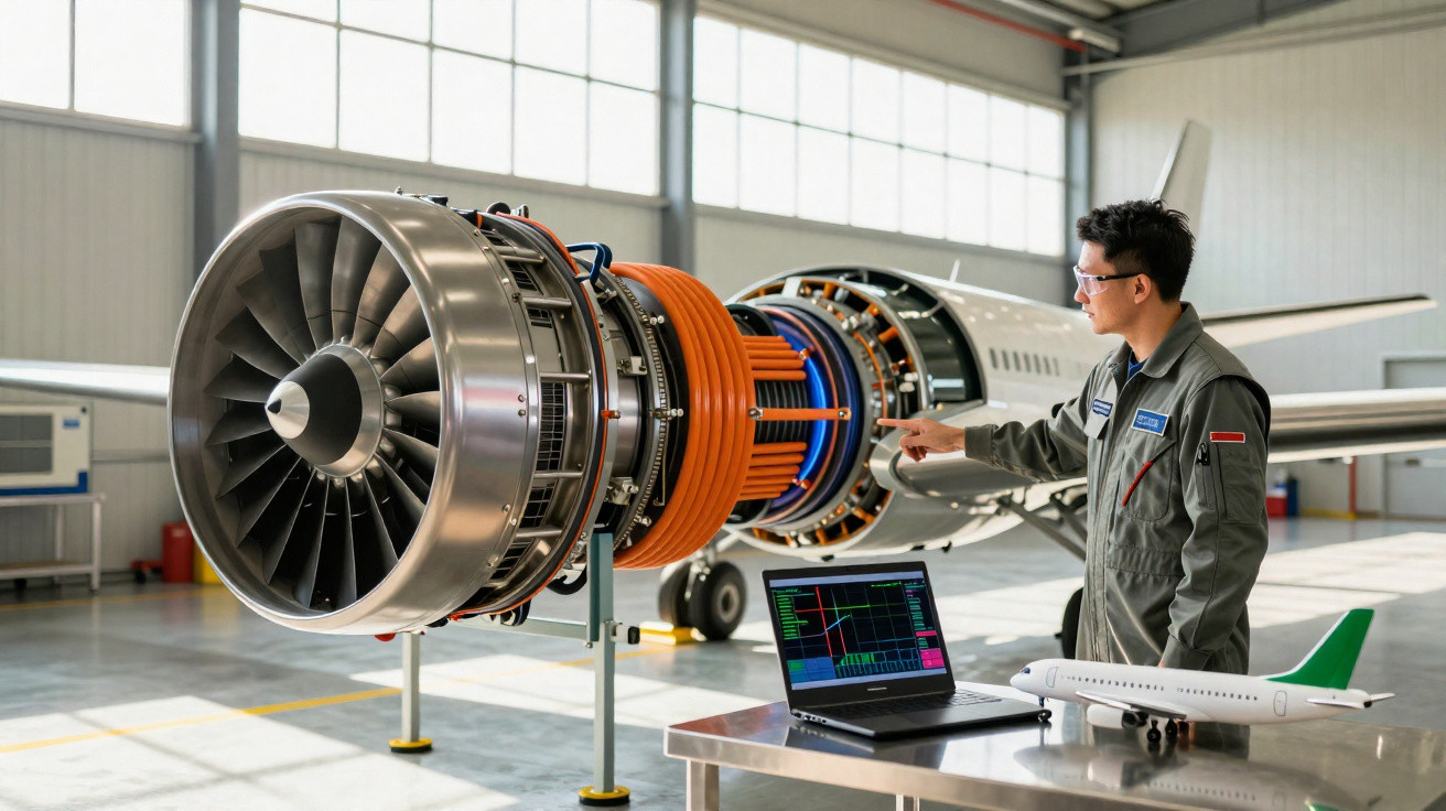 Ingenieur untersucht Flugzeugtriebwerk mit Laptop und Modellflugzeug in moderner Werkstatt.